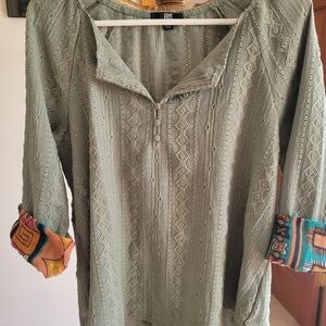 Frye Olive Textured Blouse with Vibrant Cuffs